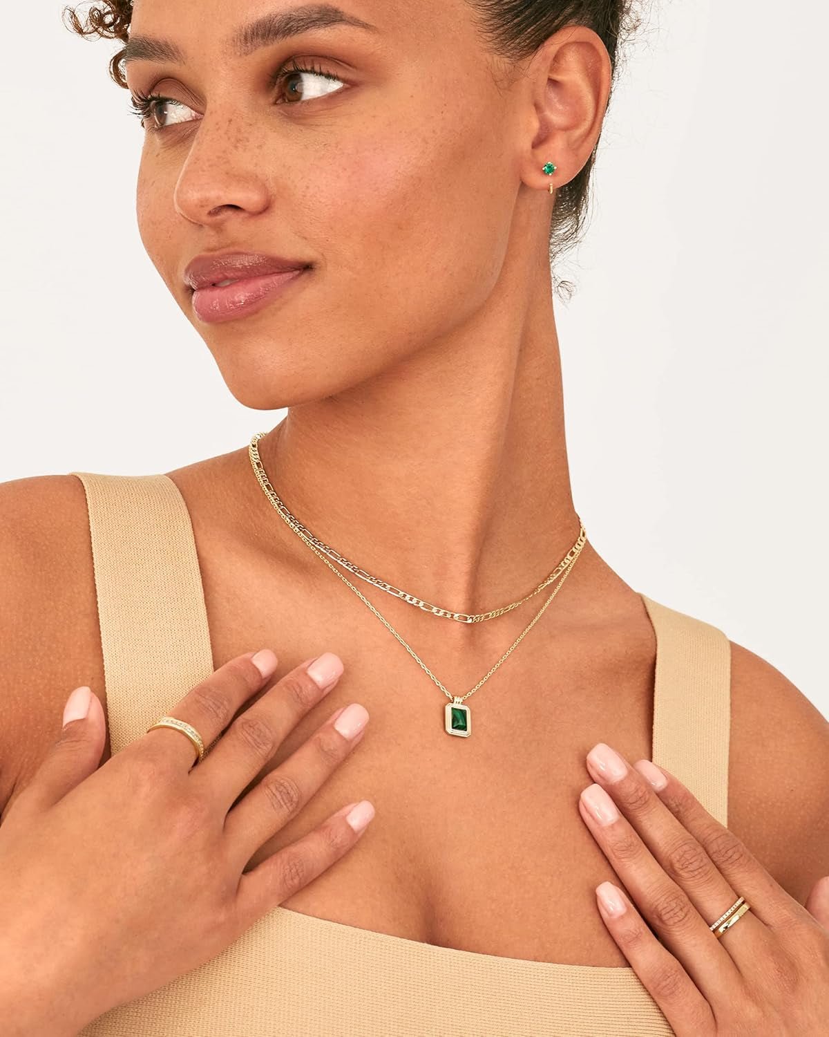 14K Yellow Gold Plated Layered Necklaces for Women | Malachite Gemstone Pendant Figaro Chain Necklace - KARMARKA