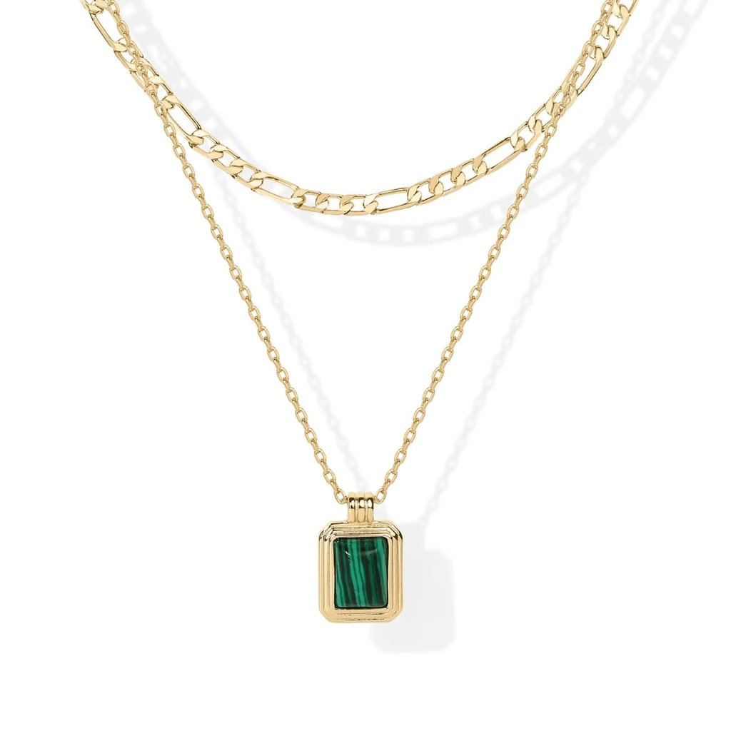 14K Yellow Gold Plated Layered Necklaces for Women | Malachite Gemstone Pendant Figaro Chain Necklace - KARMARKA