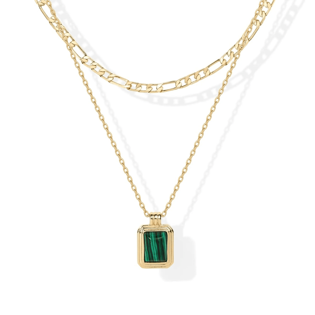 14K Yellow Gold Plated Layered Necklaces for Women | Malachite Gemstone Pendant Figaro Chain Necklace - KARMARKA