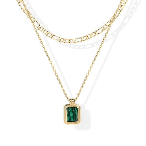 14K Yellow Gold Plated Layered Necklaces for Women | Malachite Gemstone Pendant Figaro Chain Necklace - KARMARKA