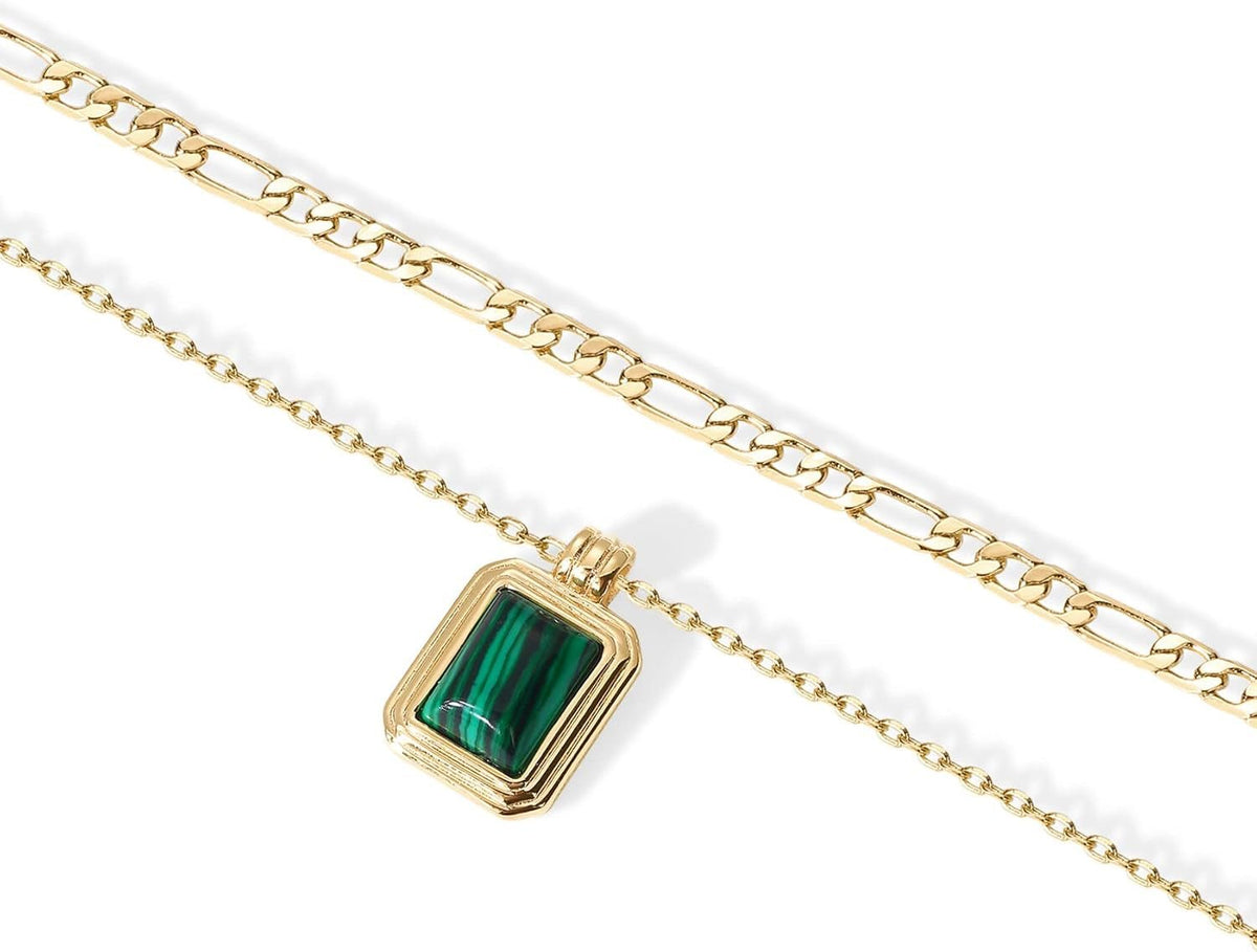 14K Yellow Gold Plated Layered Necklaces for Women | Malachite Gemstone Pendant Figaro Chain Necklace - KARMARKA