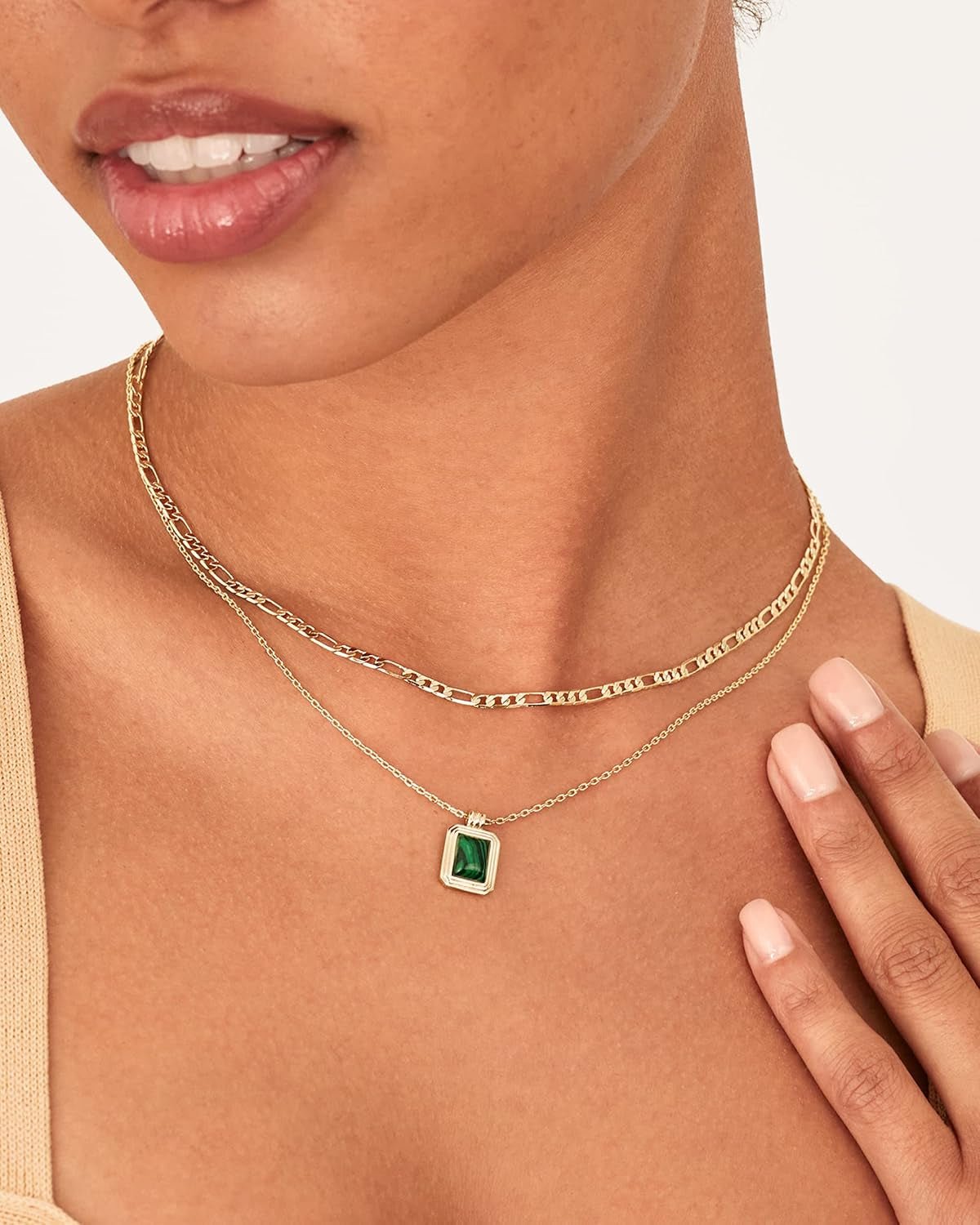 14K Yellow Gold Plated Layered Necklaces for Women | Malachite Gemstone Pendant Figaro Chain Necklace - KARMARKA
