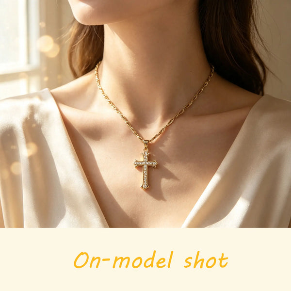 Gold Full Pave Cross Necklace - Twisted Rope Style, Chain Jewelry Necklaces for Elegant Occasions
