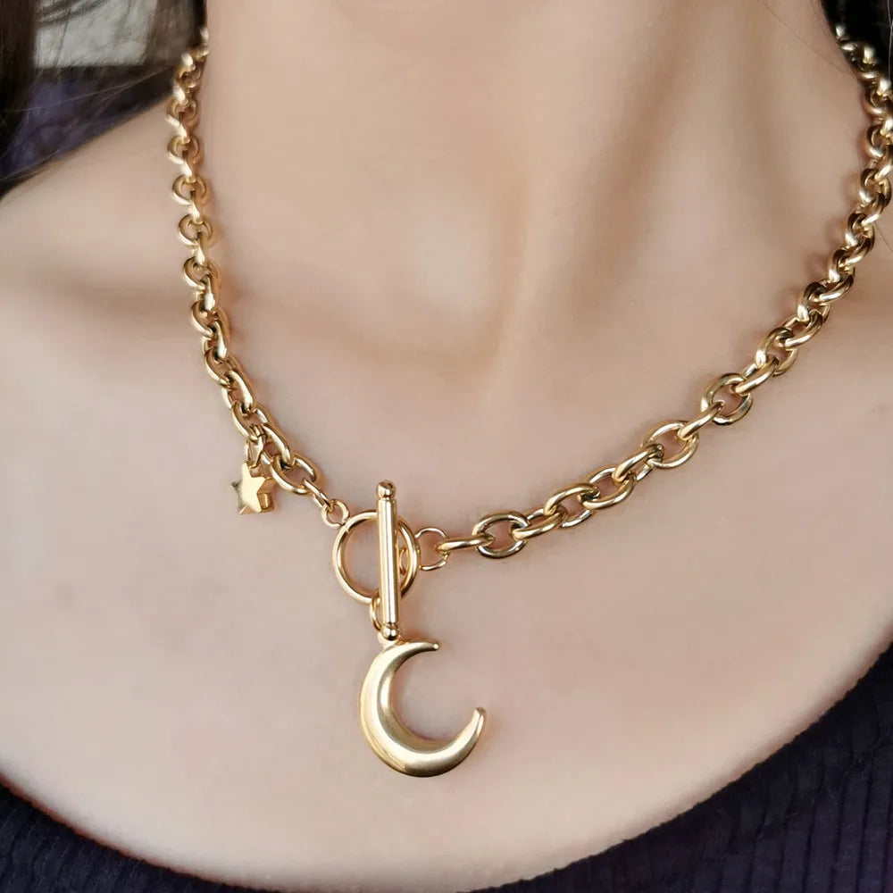 Stainless Steel Toggle Thick Chain with Star Moon Pendant Necklaces Women'S Fashion Jewelry Gift
