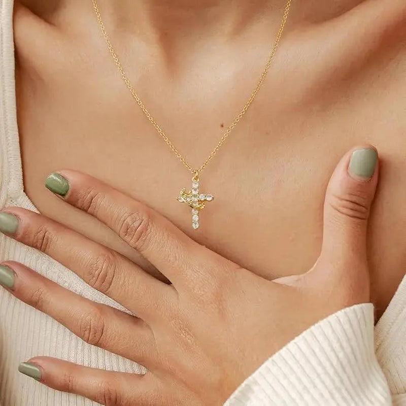 Tewiky 14K Gold Plated Crown Cross Zircon Pendant Necklace for Women-Dainty 14K Gold Cubic Zirconia Pendant Necklaces Simple Gold Cross Pendant Necklace for Easter Gifts