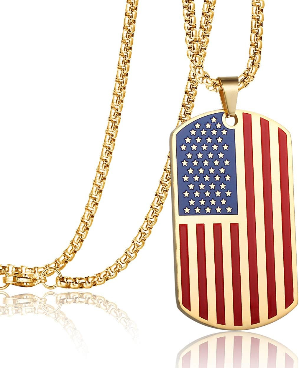 American USA Flag Dog Tag Pendant Necklace for Women Men 24" Chain