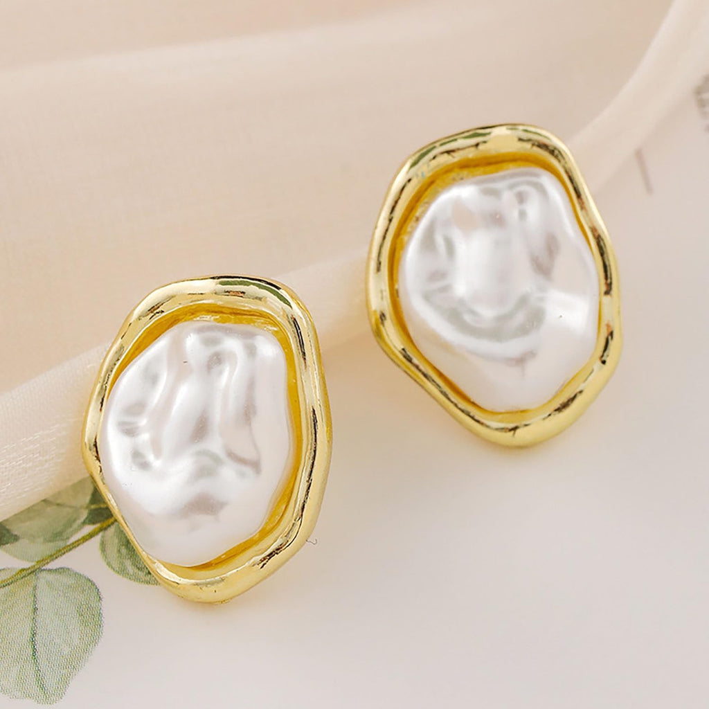 Pearl Earrings for Women 14K Gold Plated Baroque Pearls Stud Earrings Chunky Vintage Pearl Statement Earrings Wedding Jewelry for Bridal