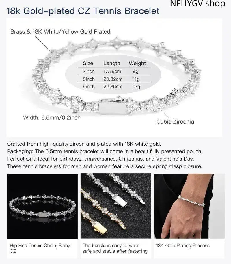 Wrist Jewelry, 6.5Mm Gold Plated CZ Tennis Bracelet, Classic Unisex Ornament, Fine Polished Accessory, Timeless Elegant Wear for Leisure Time, Events and Everyday Styling for Men and Women