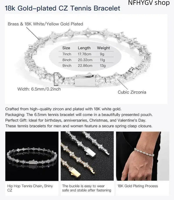 Wrist Jewelry, 6.5Mm Gold Plated CZ Tennis Bracelet, Classic Unisex Ornament, Fine Polished Accessory, Timeless Elegant Wear for Leisure Time, Events and Everyday Styling for Men and Women
