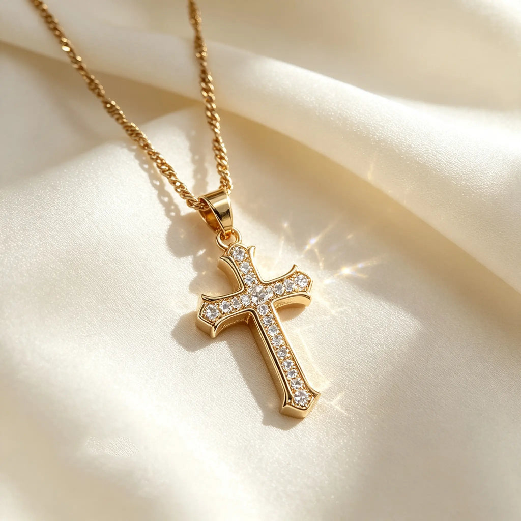 Gold Full Pave Cross Necklace - Twisted Rope Style, Chain Jewelry Necklaces for Elegant Occasions