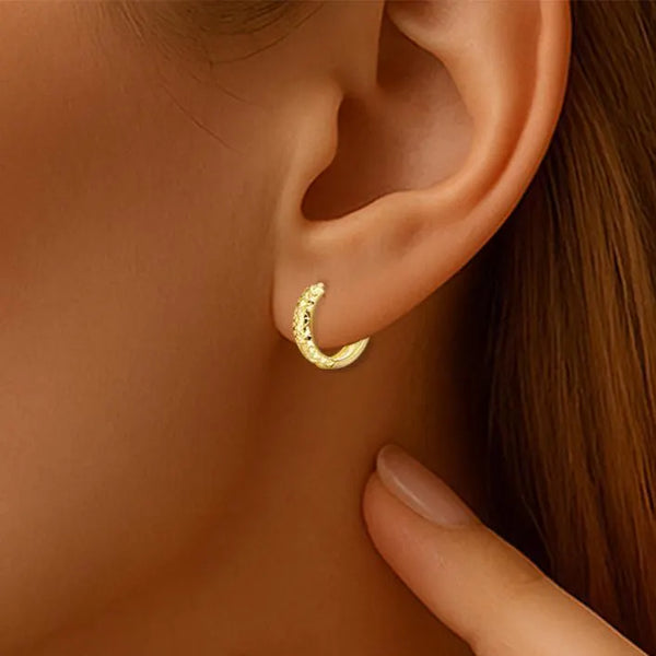 Solid 14K Gold Huggie Hoop Earrings, Hand Engraved Diamond-Cut Design, Available in 14K Yellow or White Gold, Size 12Mm, by TILO Jewelry