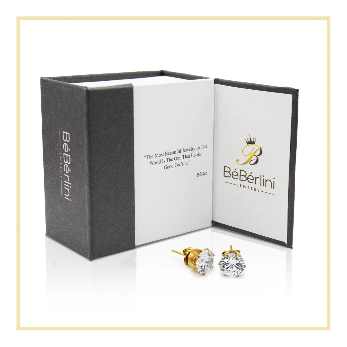 Men Stud Earrings CZ 14K Gold Plated Stainless Steel Jewelry round 8 Mm