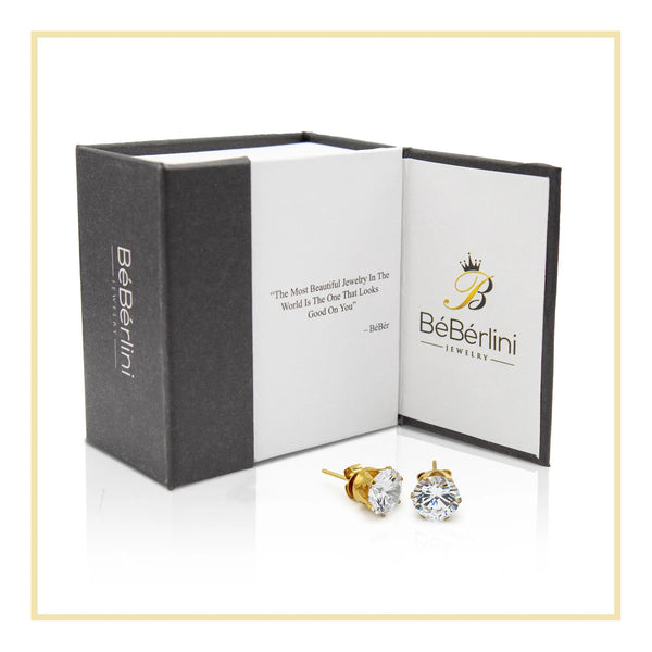 Men Stud Earrings CZ 14K Gold Plated Stainless Steel Jewelry round 8 Mm