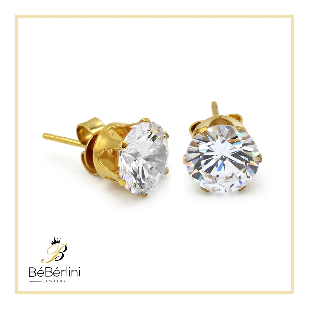 Men Stud Earrings CZ 14K Gold Plated Stainless Steel Jewelry round 8 Mm