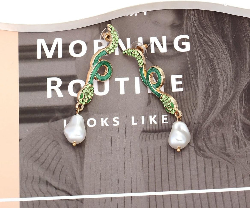Baroque Pearl Snake Earrings, Serpent Dangle Earrings for Women, Bohemian Snake Animal Vacation Earrings, Cute Snake Statement Earrings Summer Boho Jewelry, Green Snake Drop Earrings for Ladies