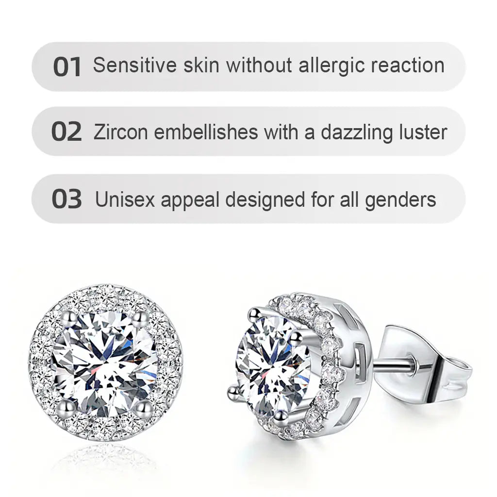 S925 Silver Shining Earrings (2 Pairs) - Unisex Elegant Geometric Jewelry, Hypoallergenic, Round/Square Designs with Moissanite & Zircon Inlays, Ideal for Party & Everyday Wear, Versatile Gift Accessory