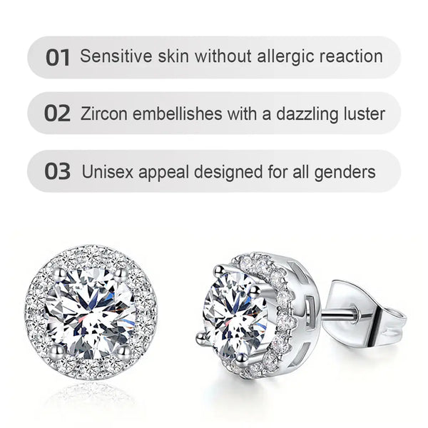 S925 Silver Shining Earrings (2 Pairs) - Unisex Elegant Geometric Jewelry, Hypoallergenic, Round/Square Designs with Moissanite & Zircon Inlays, Ideal for Party & Everyday Wear, Versatile Gift Accessory