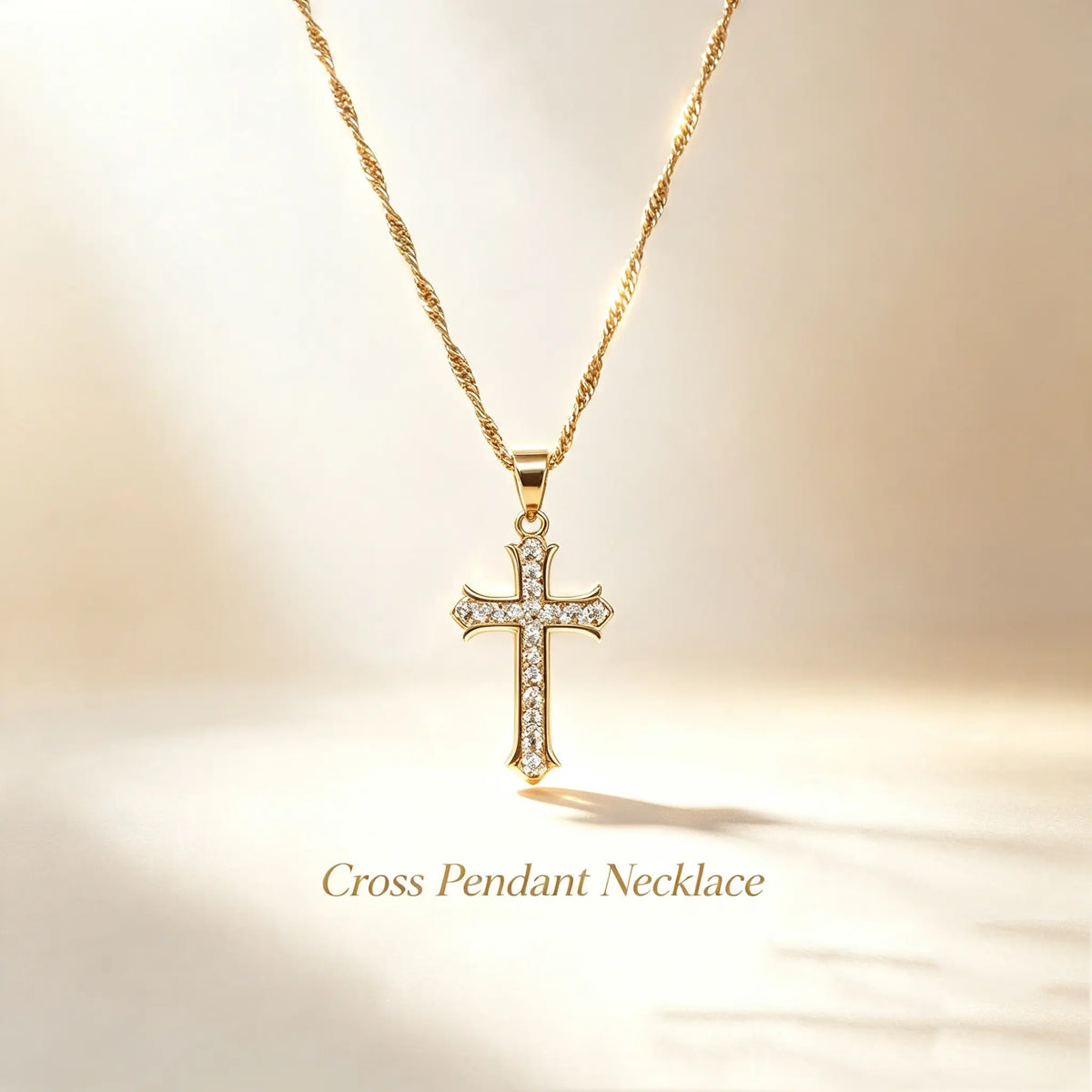 Gold Full Pave Cross Necklace - Twisted Rope Style, Chain Jewelry Necklaces for Elegant Occasions