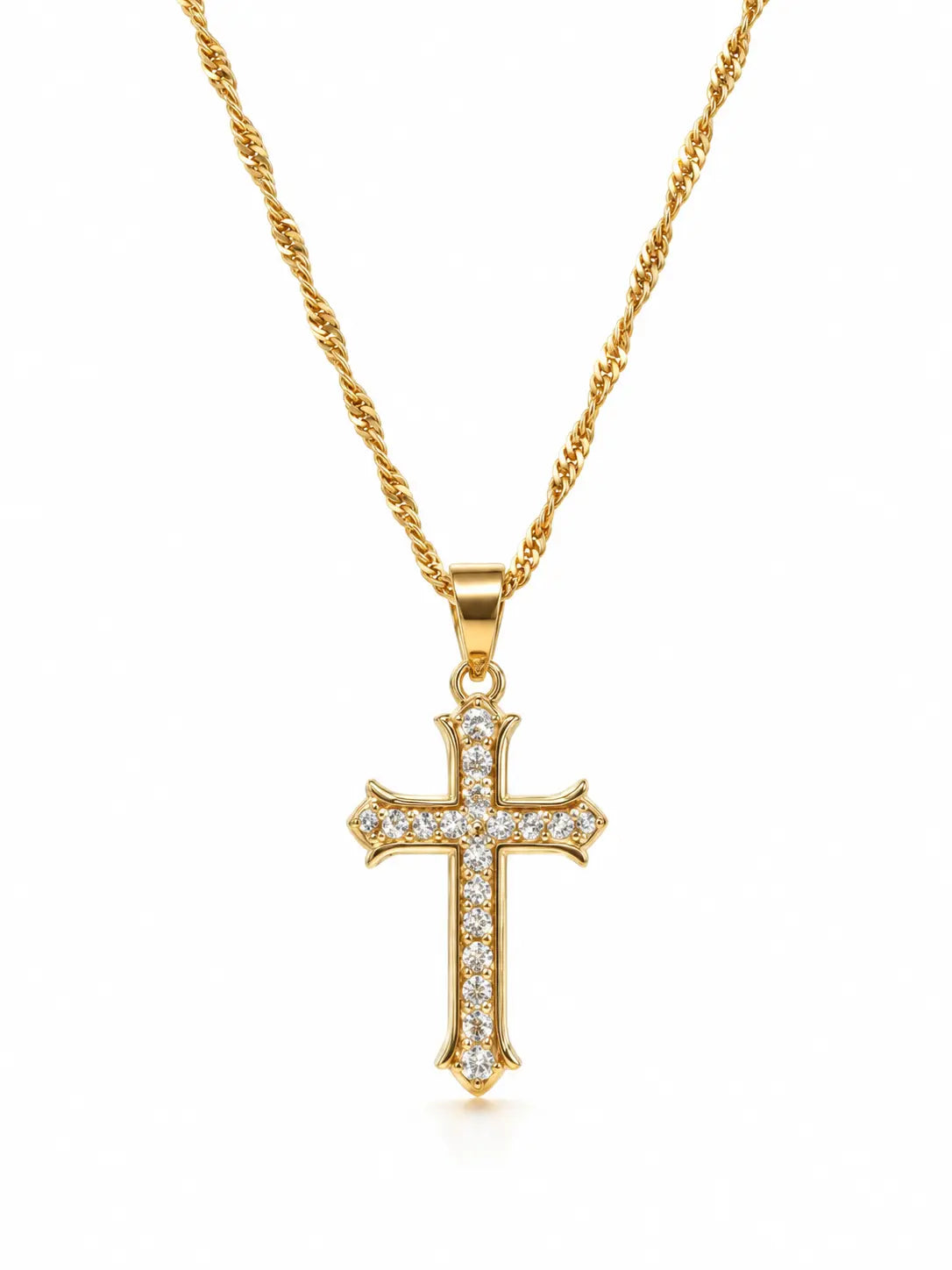 Gold Full Pave Cross Necklace - Twisted Rope Style, Chain Jewelry Necklaces for Elegant Occasions