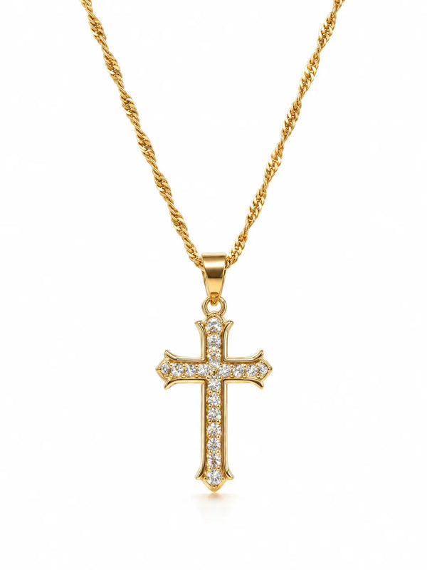 Gold Full Pave Cross Necklace - Twisted Rope Style, Chain Jewelry Necklaces for Elegant Occasions