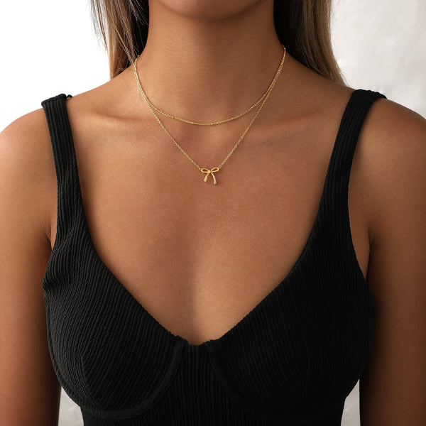 14K Gold Plated Layered Bow Necklace for Women – Dainty Satellite & O Chain Pendant