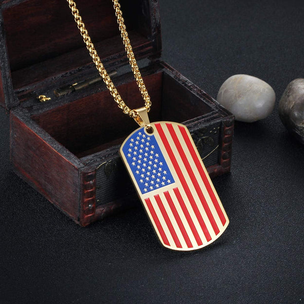 American USA Flag Dog Tag Pendant Necklace for Women Men 24" Chain