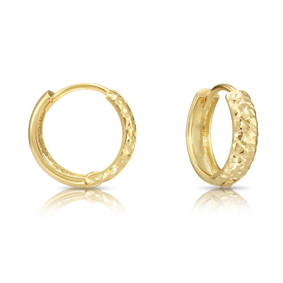 Solid 14K Gold Huggie Hoop Earrings, Hand Engraved Diamond-Cut Design, Available in 14K Yellow or White Gold, Size 12Mm, by TILO Jewelry
