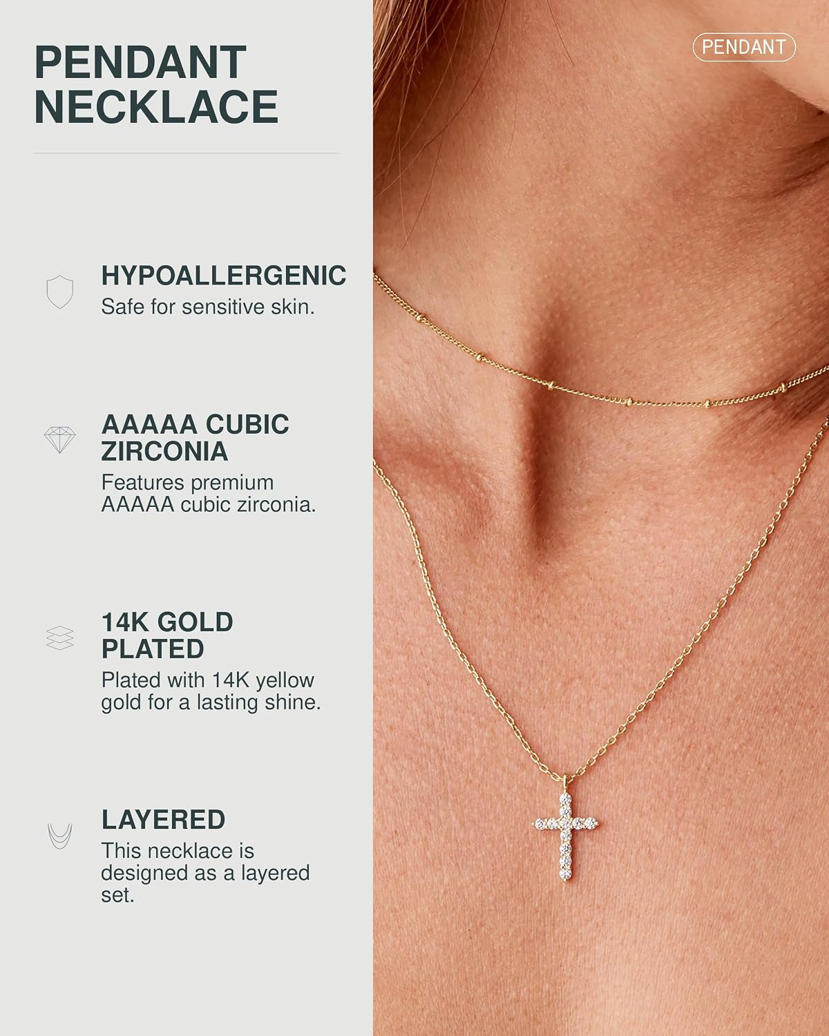 14K Gold Plated Layering Necklaces for Women, Cubic Zirconia Pendants