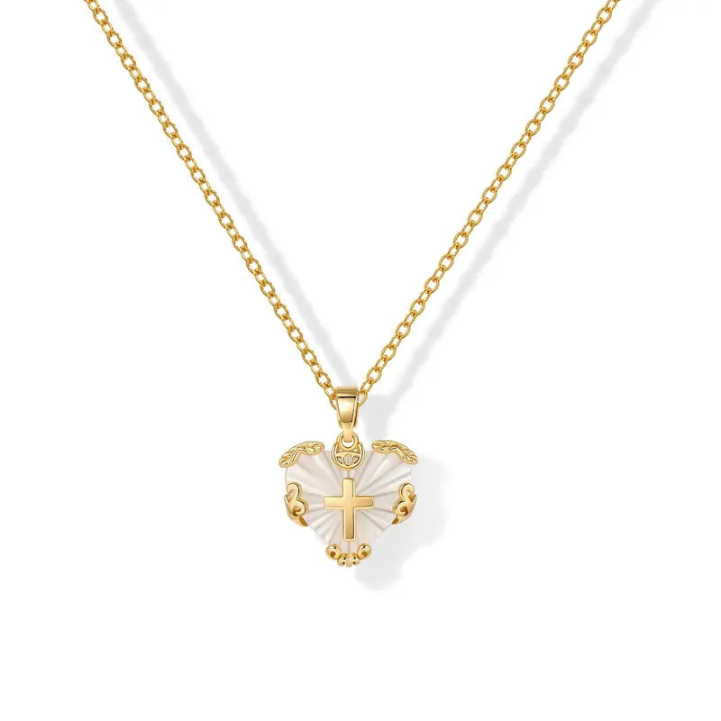 Loyalove Heart Cross Necklace for Women 14K Gold Plated, Dainty White Mother of Pearl Style Christian Faith Jewelry, Adjustable 16.5-18.5 Inch, Meaningful Gift