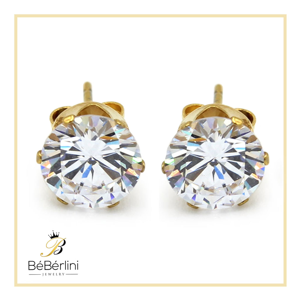 Men Stud Earrings CZ 14K Gold Plated Stainless Steel Jewelry round 8 Mm