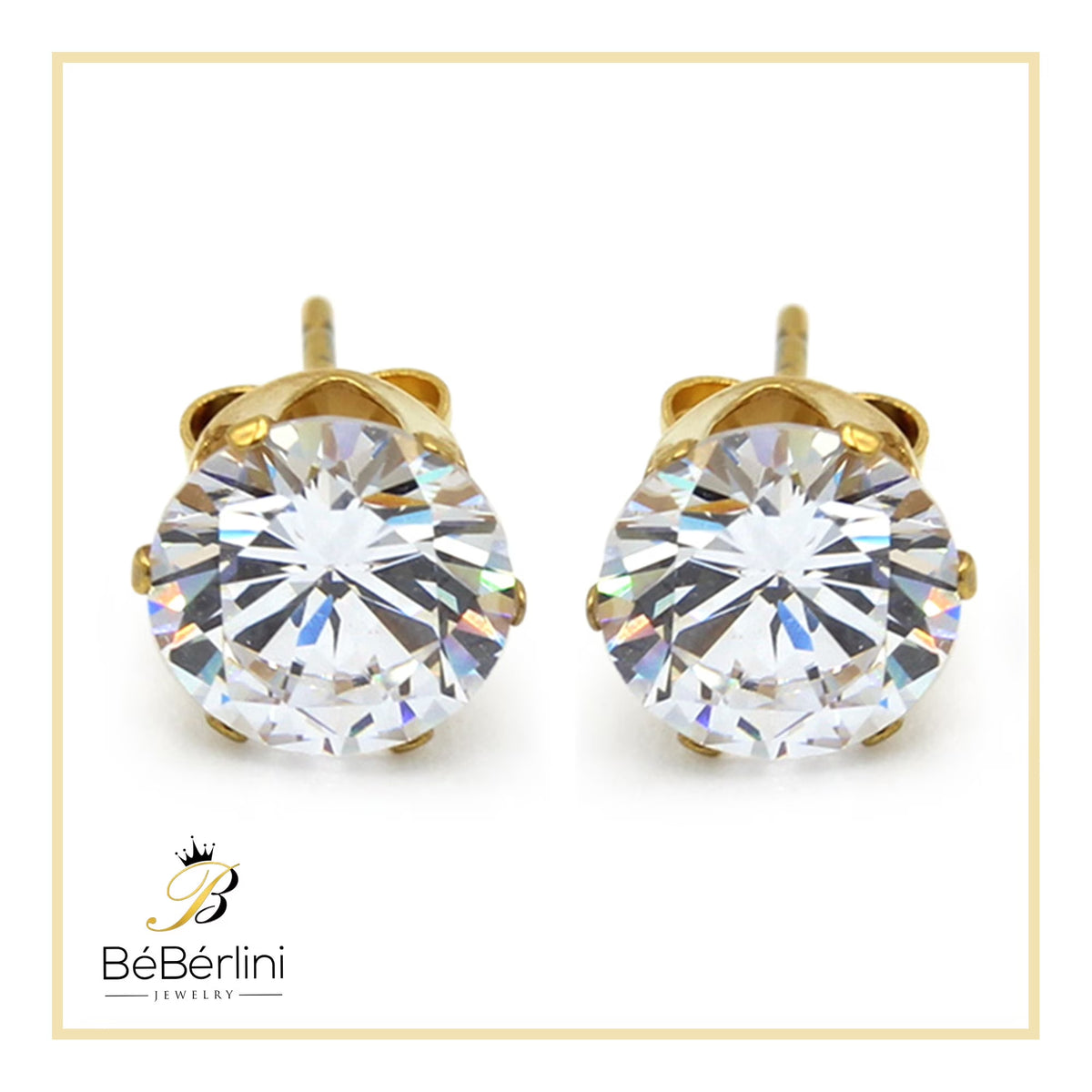 Men Stud Earrings CZ 14K Gold Plated Stainless Steel Jewelry round 8 Mm