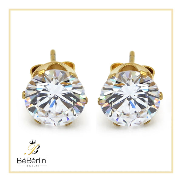 Men Stud Earrings CZ 14K Gold Plated Stainless Steel Jewelry round 8 Mm