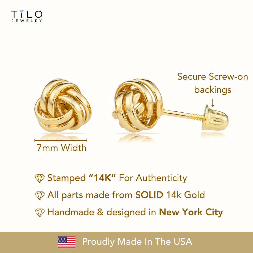 14K Yellow Gold Classic Polished Love Knot Stud Post Earrings with Secure Screw-Backs | 7MM | Women & Unisex