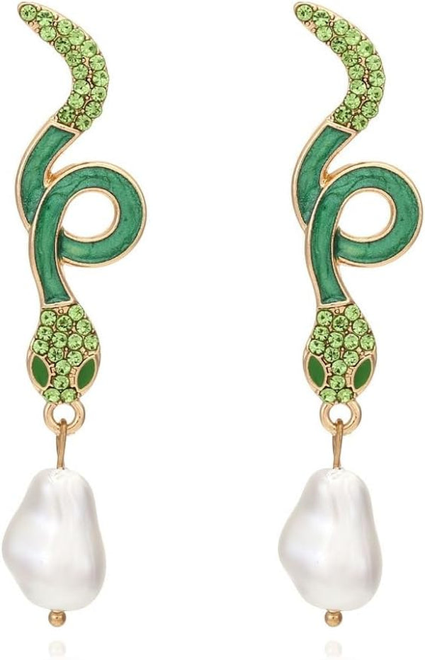 Baroque Pearl Snake Earrings, Serpent Dangle Earrings for Women, Bohemian Snake Animal Vacation Earrings, Cute Snake Statement Earrings Summer Boho Jewelry, Green Snake Drop Earrings for Ladies