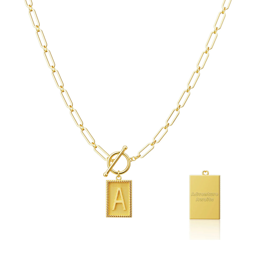 Tewiky 14K Gold Plated Neclace for Women Initial Necklaces for Women, Toggle Clasp Square Letter Pendant Necklace Trendy Dainty Paperclip Chain Necklaces Jewelry Gifts, Gift