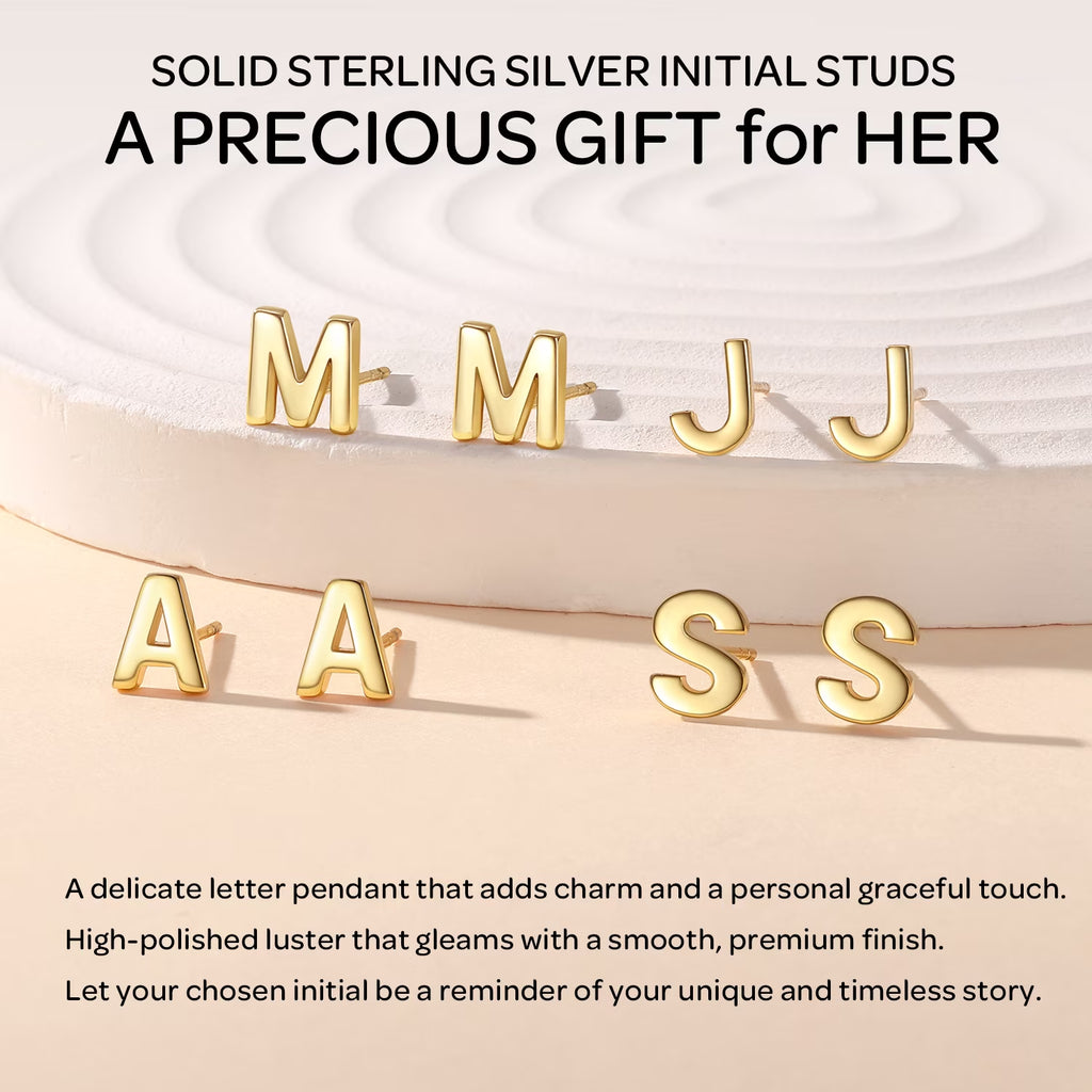 14K Gold Plated Initial Stud Earrings for Women Sensitive Ears 925 Sterling Silver Hypoallergenic Earrings Studs Letter A-Z
