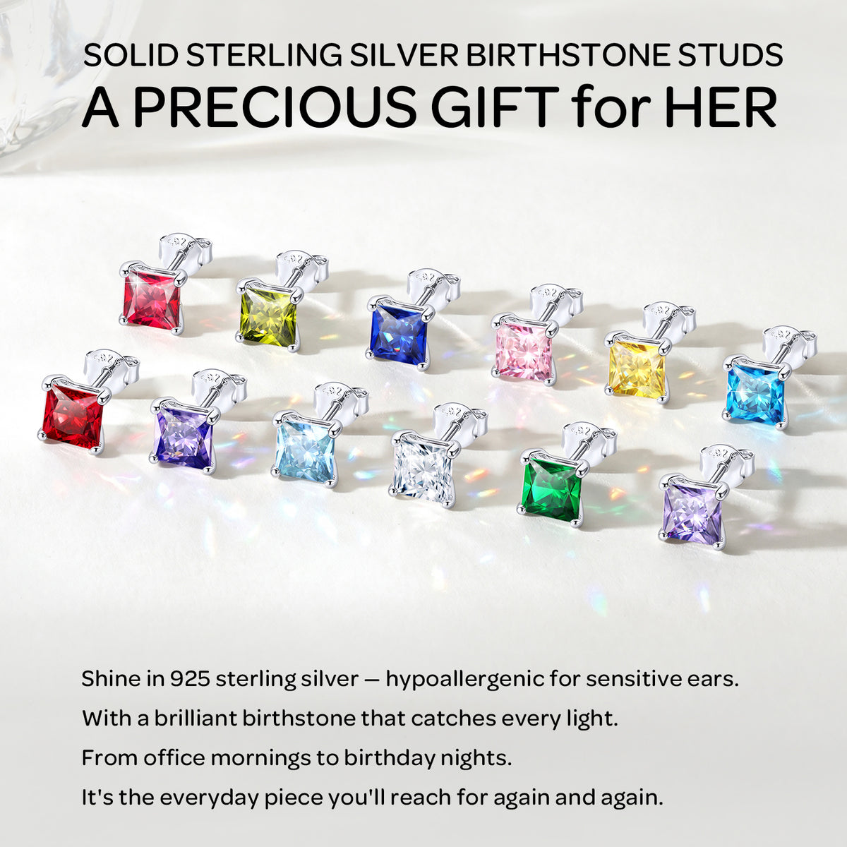 925 Sterling Silver Earrings for Women Sensitive Ears 6Mm Cubic Zirconia Princess Cut Birthstone Studs Hypoallergenic Birthday Graduation Valentines Day Christmas Jewelry Gifts for Her