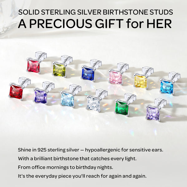 925 Sterling Silver Earrings for Women Sensitive Ears 6Mm Cubic Zirconia Princess Cut Birthstone Studs Hypoallergenic Birthday Graduation Valentines Day Christmas Jewelry Gifts for Her