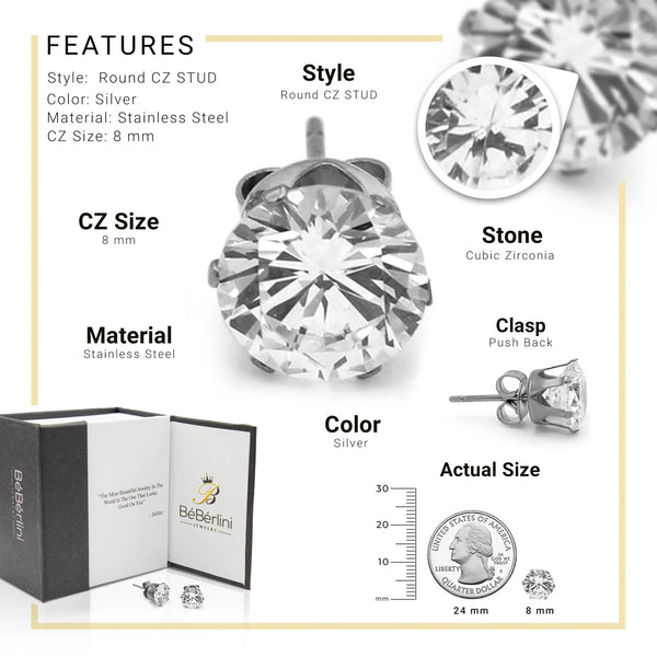 Women Stud Earrings Cubic Zirconia Silver Stainless Steel Jewelry round 8 Mm