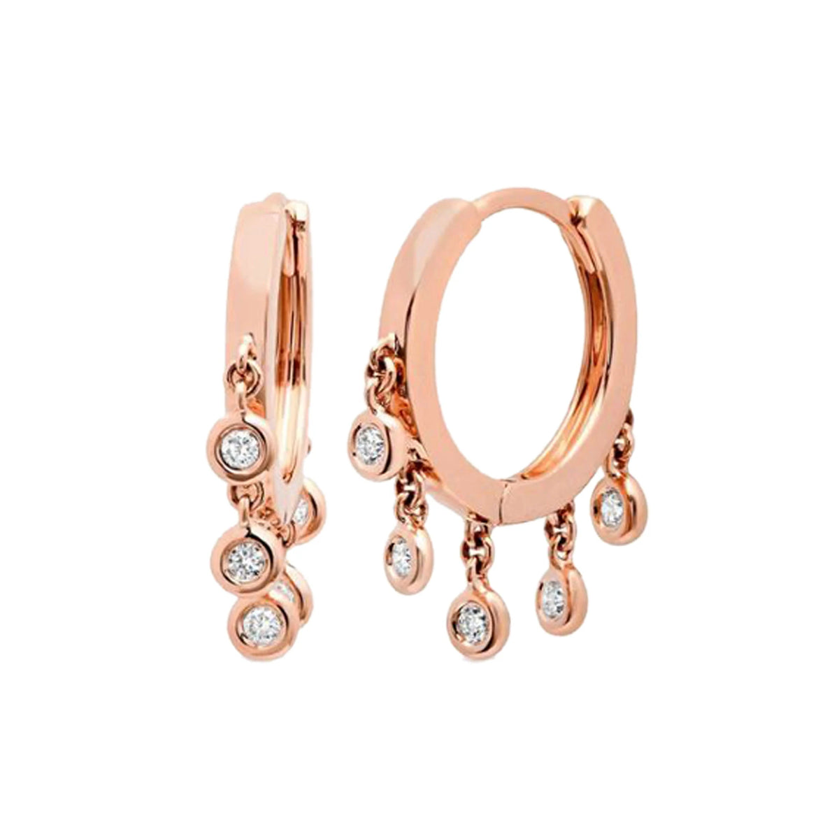 14K Yellow Gold Huggie Earrings, Natural Diamond Drop Hoops