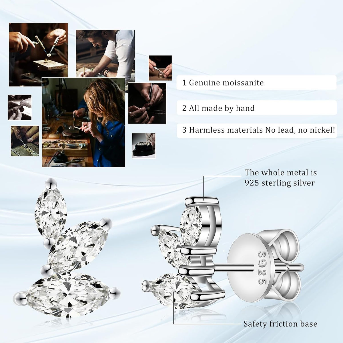 Marquise Moissanite Earrings Angel Wing Studs D Color VVS1 Clear Moissanite Earrings 18K Gold Plated S925 Sterling Silver Friction Back Stud Earrings for Women