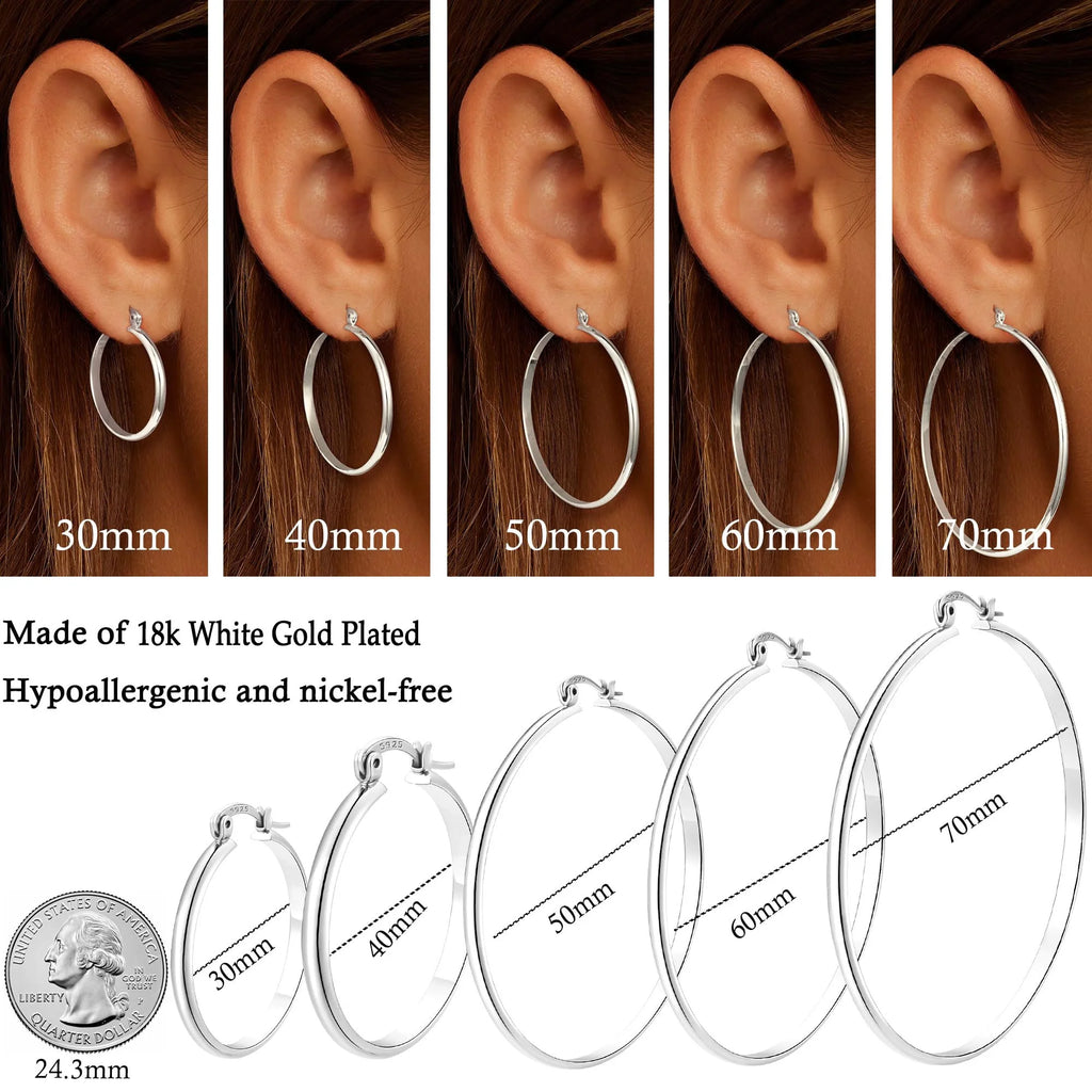 18K White Gold Plated Hoop Earrings for Women Big Chunky S925 Sterling Silver Post Hypoallergenic Earrings Birthday Graduation Jewelry Gifts Teen Her Mom Girlfriend Wife Adults Ideas 50Mm