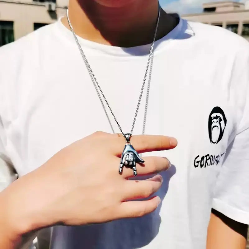 Men'S Individuality Hand Gesture Rock on Titanium Steel Pendant Necklace, Durable Steel Chain Necklaces, Ideal Music-Lover Gift