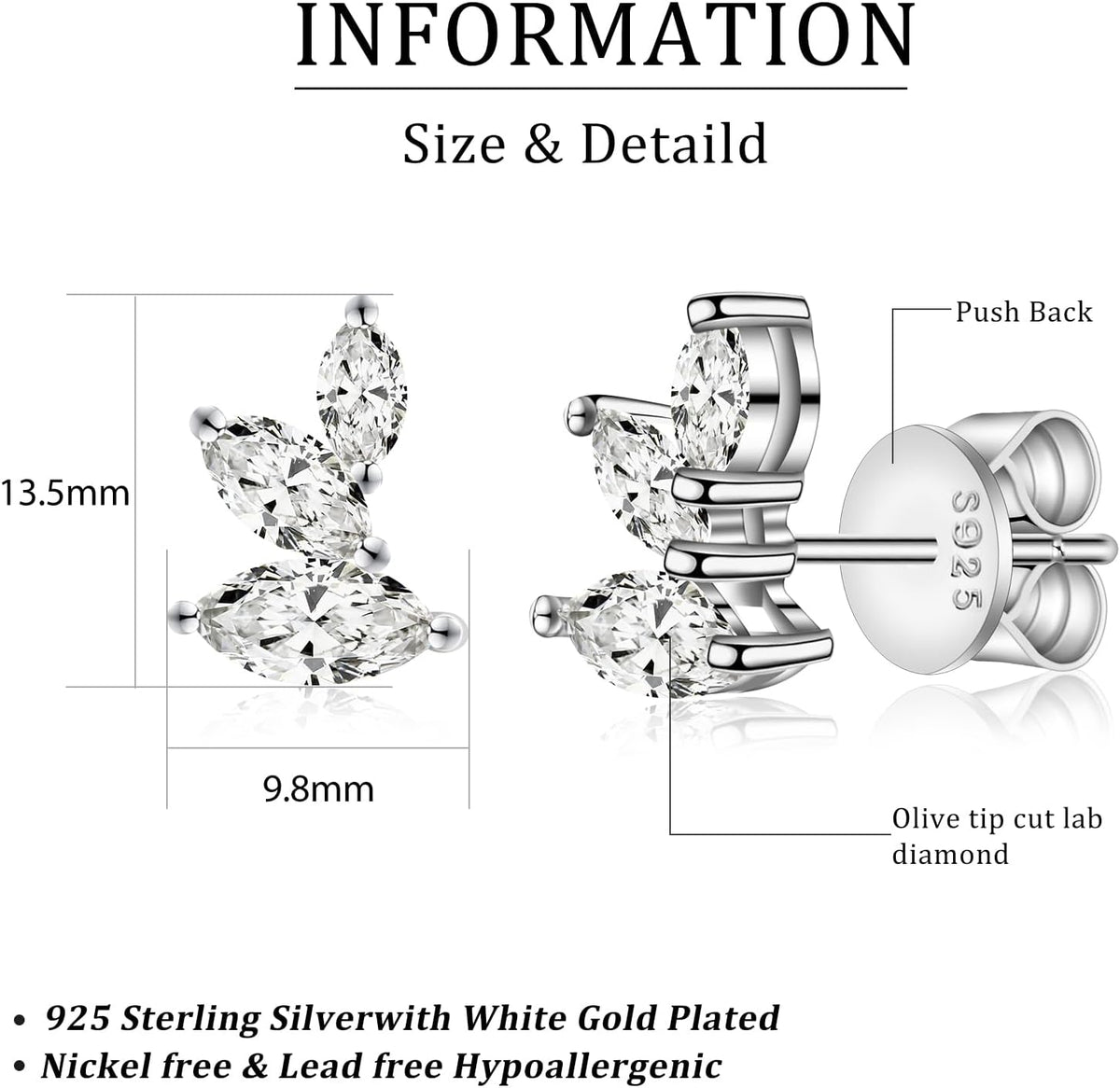 Marquise Moissanite Earrings Angel Wing Studs D Color VVS1 Clear Moissanite Earrings 18K Gold Plated S925 Sterling Silver Friction Back Stud Earrings for Women