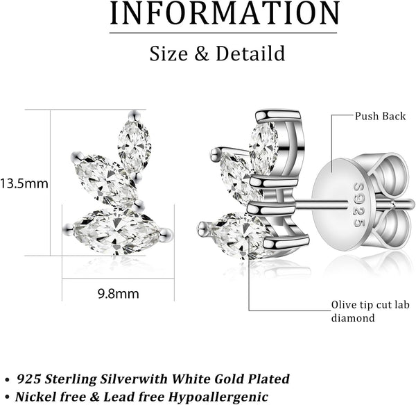 Marquise Moissanite Earrings Angel Wing Studs D Color VVS1 Clear Moissanite Earrings 18K Gold Plated S925 Sterling Silver Friction Back Stud Earrings for Women