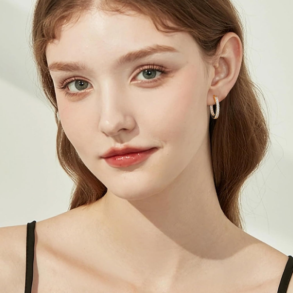 14K Gold Plated Hoop Earrings for Women, CZ Hoop Earrings
