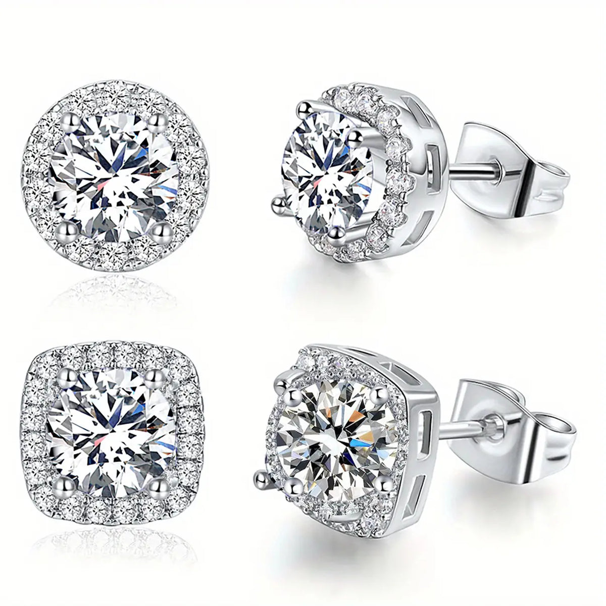 S925 Silver Shining Earrings (2 Pairs) - Unisex Elegant Geometric Jewelry, Hypoallergenic, Round/Square Designs with Moissanite & Zircon Inlays, Ideal for Party & Everyday Wear, Versatile Gift Accessory