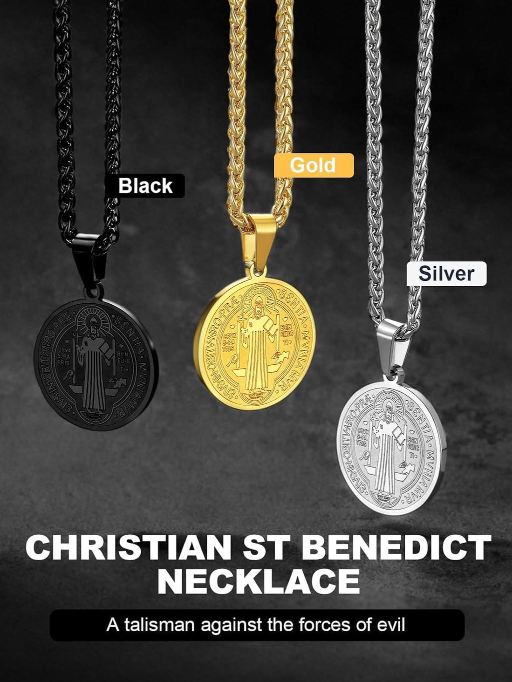 St Michael Pendant Necklace St Benedict Medals Necklace for Men, 22"-24"