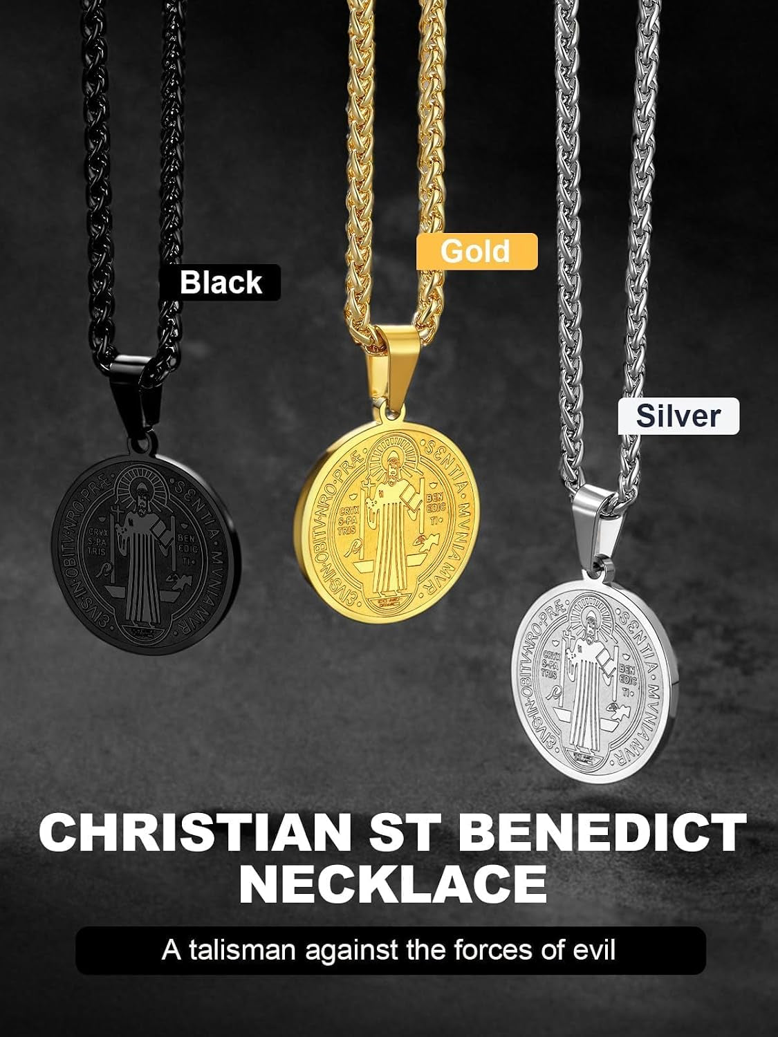 St Michael Pendant Necklace St Benedict Medals Necklace for Men, 22"-24"