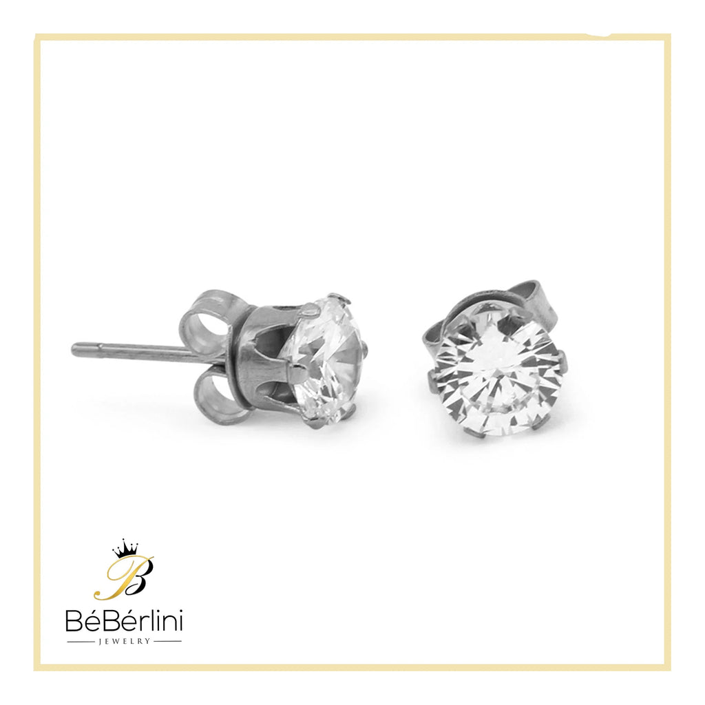 Women Stud Earrings Cubic Zirconia Silver Stainless Steel Jewelry round 6 Mm